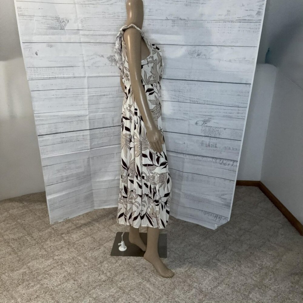 NWOT Brown Ruffled V Neck Leaves Print Midi Dress - Picture 5 of 8